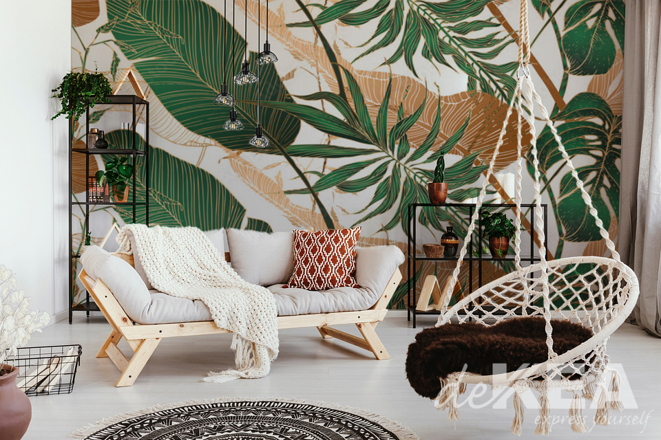 BOHO wallpaper - leaves gold green